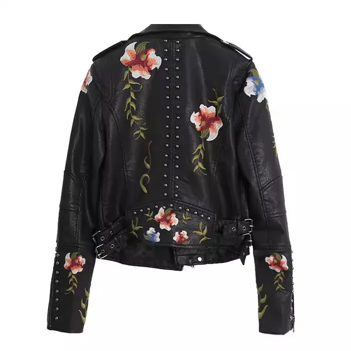 Spring Autumn PU Leather Jacket Women Motorcycle Embroidered Rivet Blazer Outerwear Coats