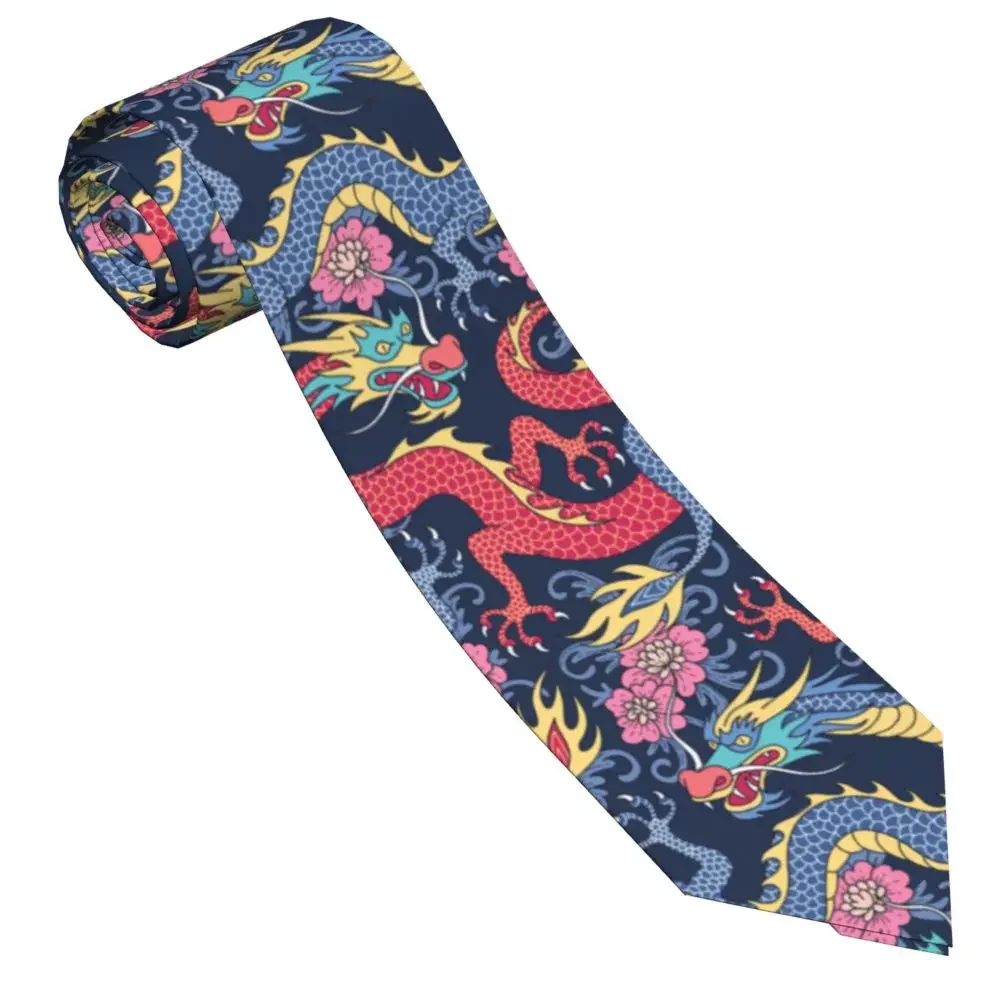 

Chinese Traditional Dragon Necktie Men Women Skinny Polyester 8 cm Narrow Dragons With Flowers Neck Ties for Daily Wear