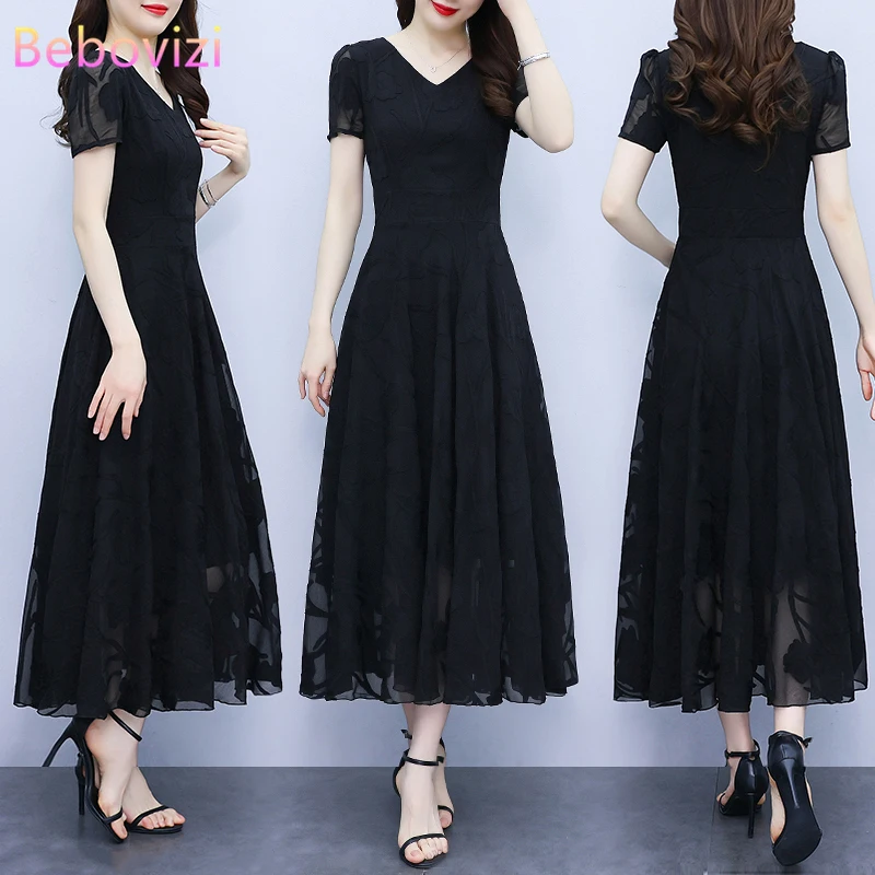 

Женское шифоновое платье с V-образным вырезом, повседневное однотонное приталенное черное длинное платье с большим подолом, лето 2024