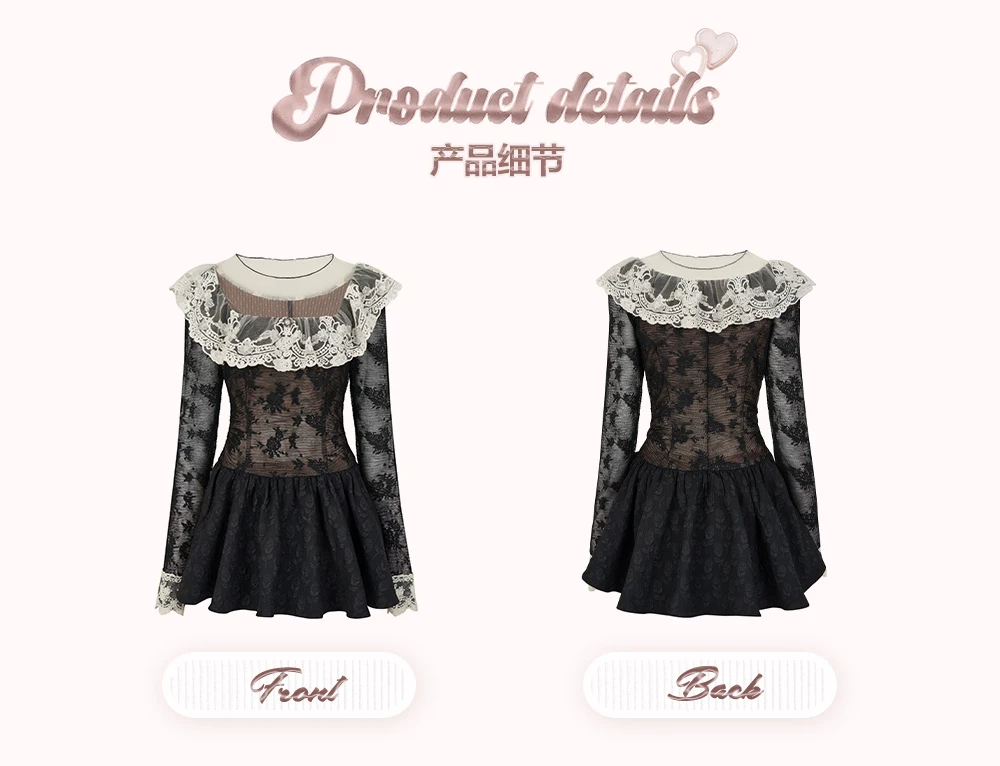 French Black Short Dresses for Women Lace Patchwork Long Sleeve A-line Birthday Party Dress Korean Fashion Mini Vestidos New