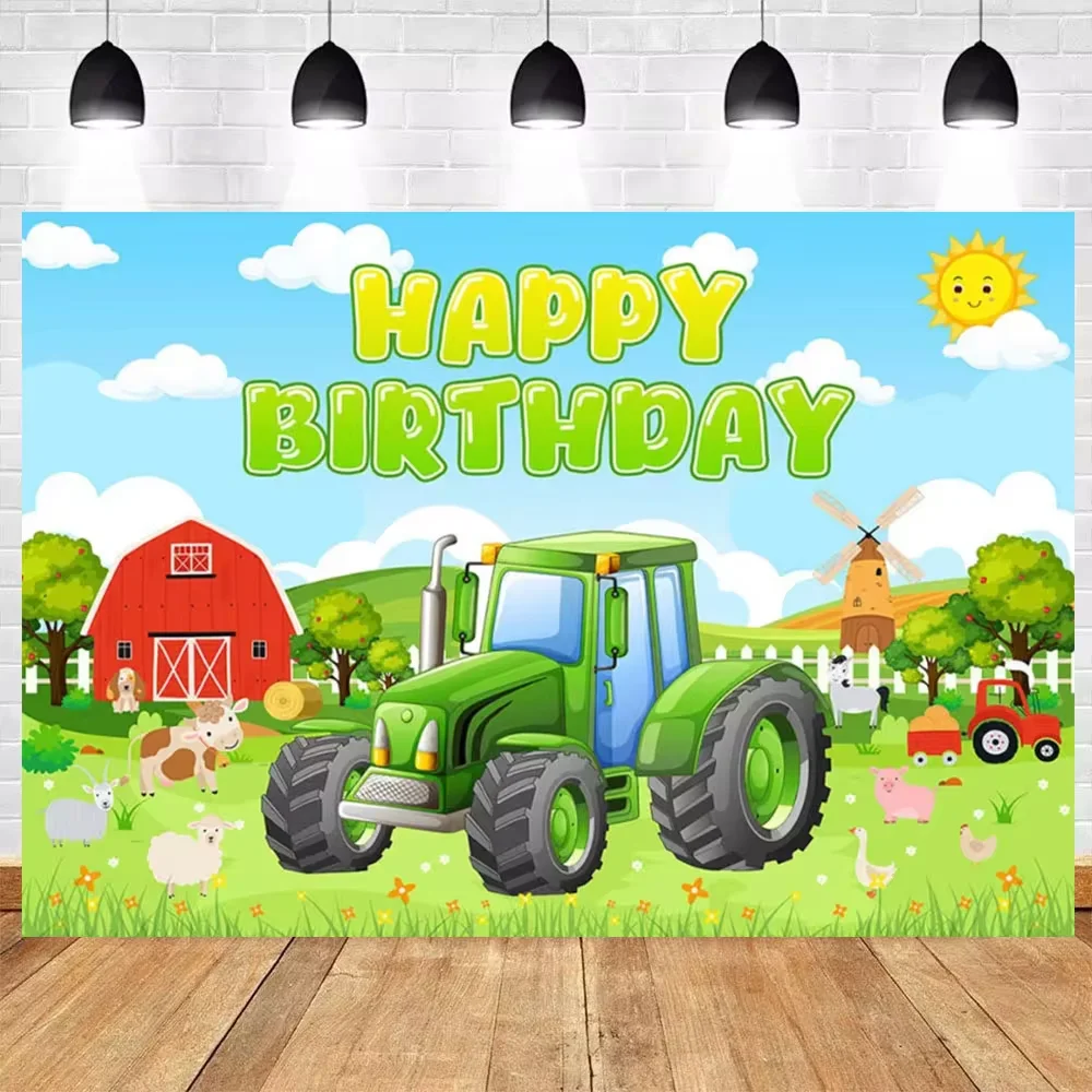 Grüner Bauernhof-Traktor, Geburtstagsparty-Dekoration, Einweggeschirr, Bagger, Fahrzeug, 10 Pepole-Teller, Banner, Luftballons, Cupcake-Topper – Detail 39
