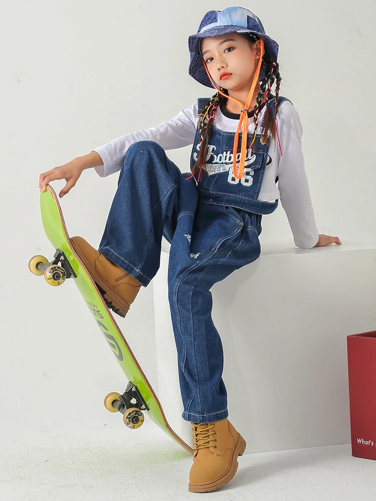 Girls Denim Suit Jazz Dance Costumes Navel Loose Vest Street Dance Wear Children'S Performance Catwalk Hip Hop Clothing DQS9286