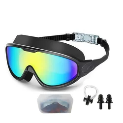 Premium Adult Swim Goggles - Wide View, Anti - Fog, UV Shield, Leak - Proof with Comfortable Fit and Ear Plugs - As the picture (Black Blue Case)