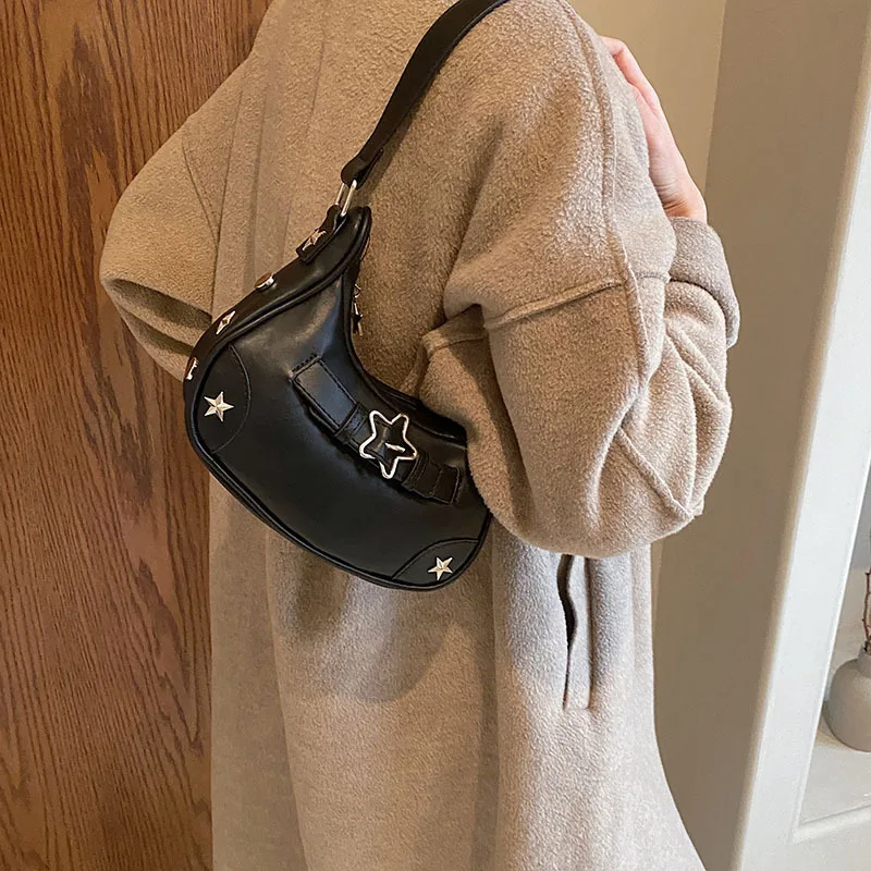 Women Shoulder Handbag Vintage Casual Hobos Denim Star Decor Solid Color Underarm Bag for Girls Ladies Purse Tote