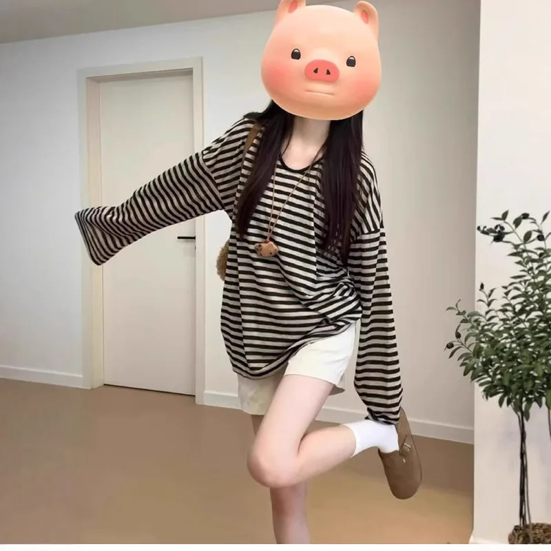 Women Black White Striped Long Sleeve Loose T Shirt