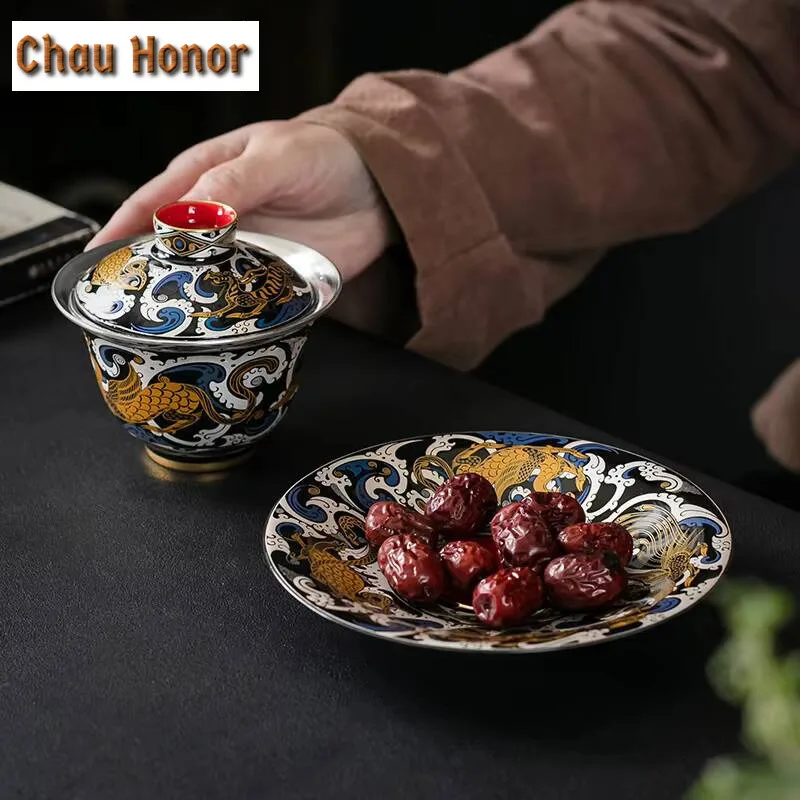 170ml Handmade Gold Coin Taotie Gaiwan High End Anti Scalding Gilded Silver Tea Tureen Tea Making Bowl Tea Ceremony Collection