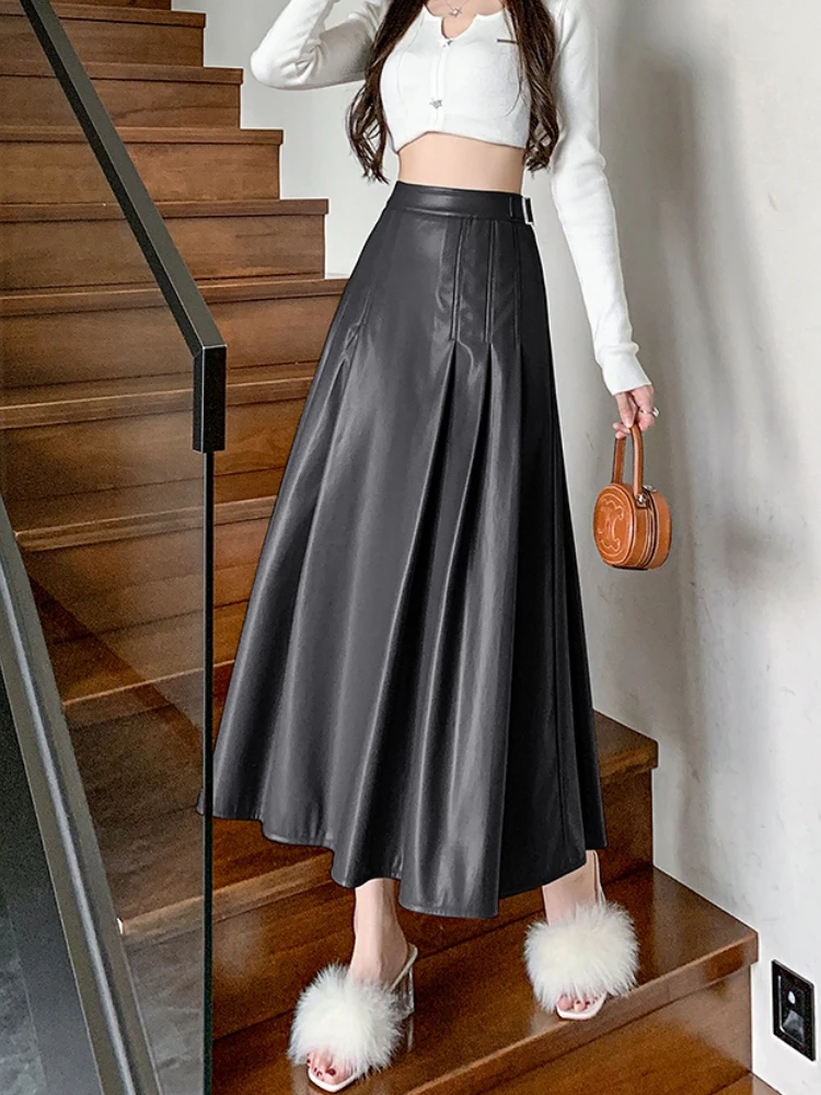 Qiukichonson Maxi Long Skirts Women Gothic Lolita Autumn Winter High Waist Pu Skirt Ladies A-Line Ruffle Pleated Black Skirt