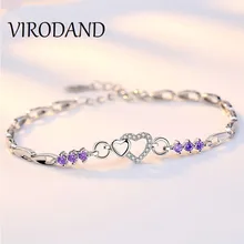 

New 925 Sterling Silver Bracelet Purple Crystal Zircon Heart For Woman Charm Bracelet Jewelry Gift