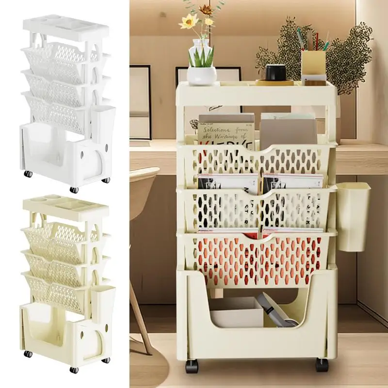 Mobile Bookshelf With Wheels Multifunctional Snack Container Book Storage Holders 5 Tier Bottle Rack Food Rolling Cart Home Item