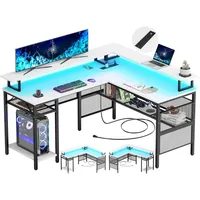 L-Shaped Desk with LED Strip and Power Outlets, Reversible Corner Computer Desk with Monitor Stand and Storage Shelf, 1