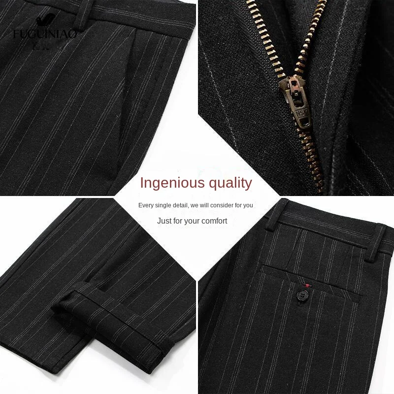 Autumn Winter Business Casual Striped Suit Pants Mens Brushed Straight Slim Fit Trousers for Men Thick Office Formal Dress Pants 5
