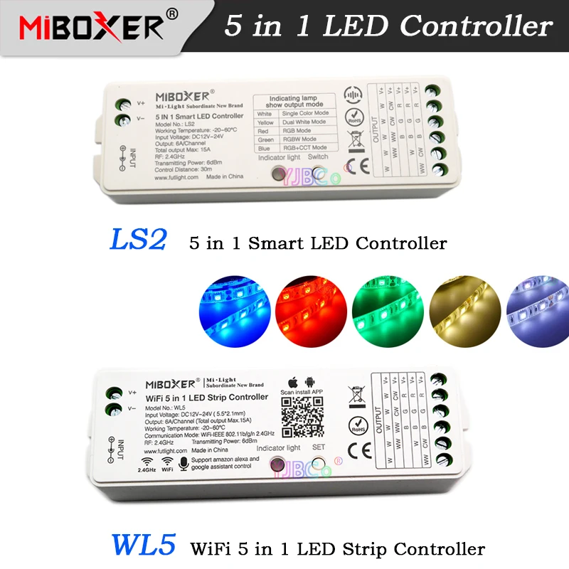 Wholesale WL5 WiFi 5 in 1 LED Controller 12V 24V Single Color/CCT/RGB/RGBW/RGB CCT Lights Tape dimmer LS2 2.4G Remote control wb5 bluetooth wifi wt5 rgb rgbw rgb cct cct single color 5 color in 1 led lights controller rf remote tuya control 12v 24v dc