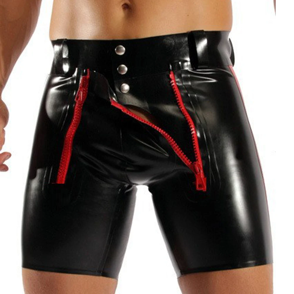 

Sexy Tight Black PU Leather Shorts Men Latex Pants Lace-Up Bondage Jockstrap Lingerie Open Crotch Gay Panties