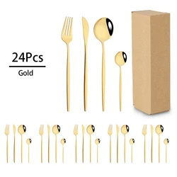 24pcs Gold Dinnerware Set High Quality Stainless Steel Tableware Set Knife Fork Tea Spoons Cutlery Set with Box Kitchen Flatware