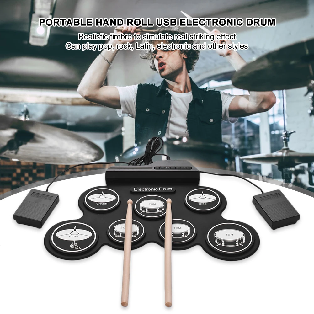 Digital Electronic Drum Compact Size USB Foldable Silicon Drums Set Digital Drum Kits 7-Pad with Drumsticks Foot Pedals