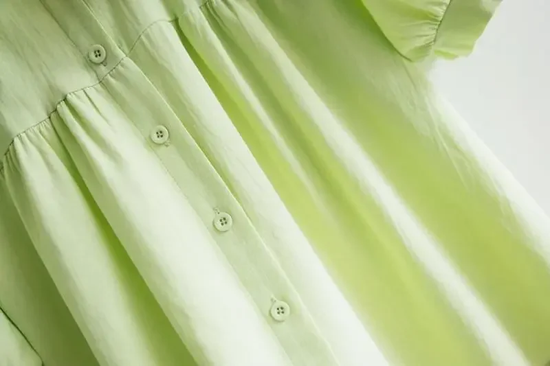 Grüner Peter-Pan-Kragen, einreihig, kurzärmelig, lockere Damenbluse, Hemd, koreanische Mode, weibliche Kleidung, Tops, 2026, Frühling – Detail 10