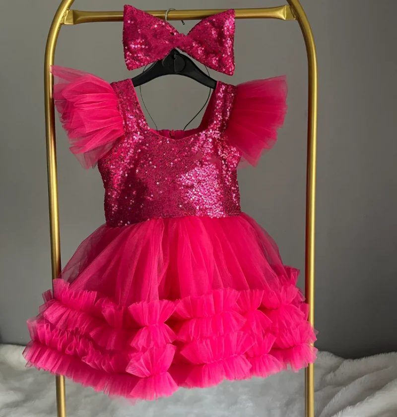 

Rose Pink Sequins Flower Girl Dress For Wedding Shining Layered Tulle Puffy With Bow Dress Princess Birthday Party Ball Gown