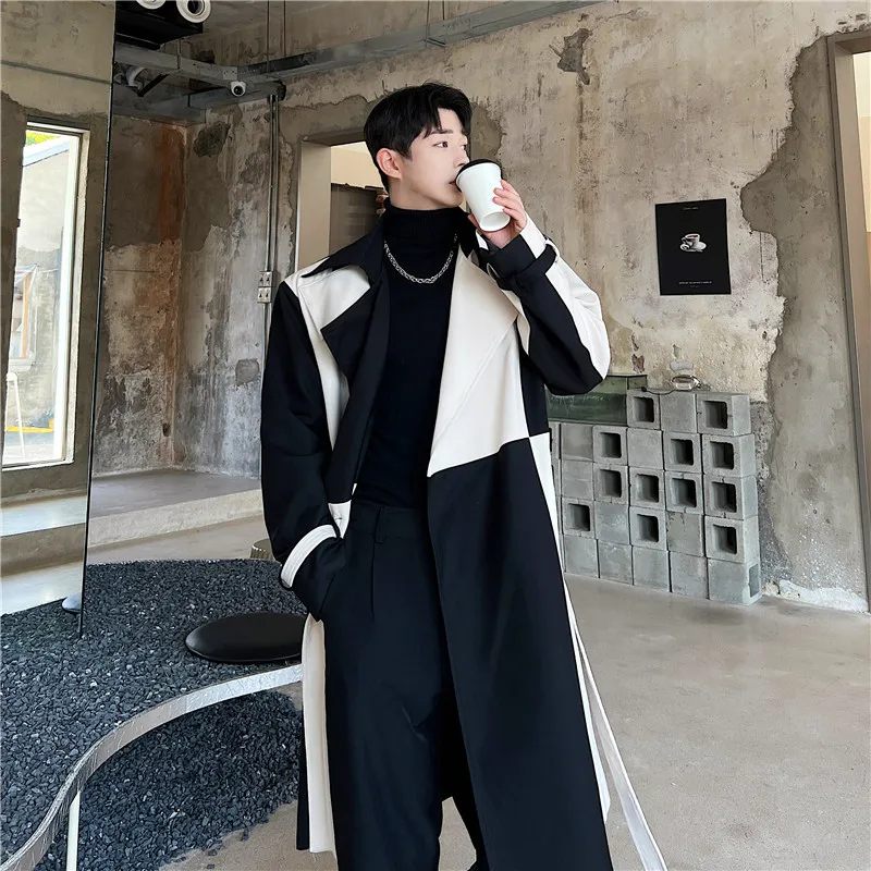 Autumn Winter Korean Fashion Contrast Color Long Trench Coat Mens High Quality Casual Long Jackets Gabardina Hombre