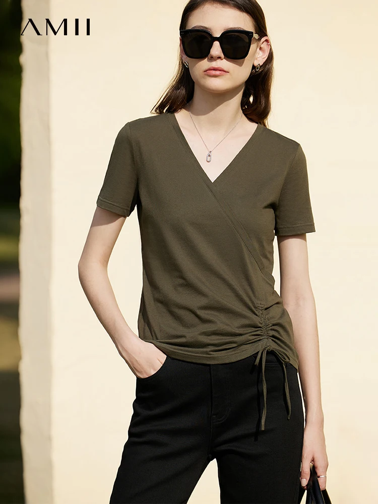 

AMII Minimalism Casual Female Clothing 2023 Summer New T-shirt 100% Cotton V Neck Fashion Office Lady Shirring Tees 12230276