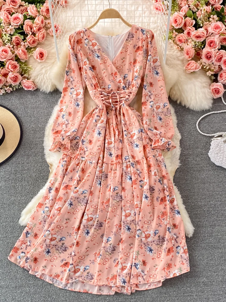 Spring Autumn Women Floral Chiffon Midi Dress Vintage V-Neck Flare Long  Sleeve High Waist A-Line Vestidos Female New Fashion