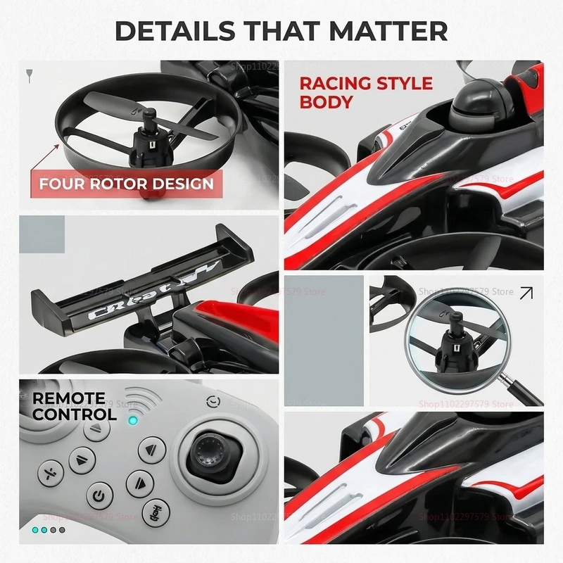 Drone Voiture K300MAX 2-en-1 Télécommandé en vol, vue de dessus, montrant les hélices en action.