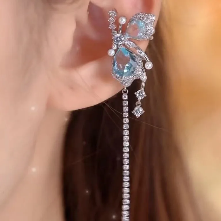 

Long Tassel Metal Crystal Butterfly Ear Clips for Women Sparkling Zircon Ear Cuff Clip Earrings Wedding Girls Jewelry Gifts