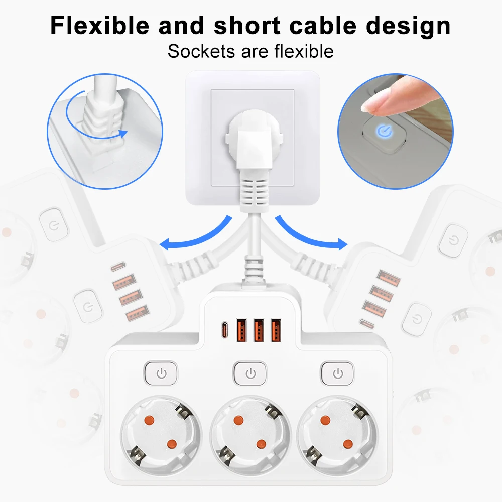 EU Plug AC Power Strip Wall Independent Switch 2500W European Standard Plug S439491a6941b4421a4949301ddcc4aa8P