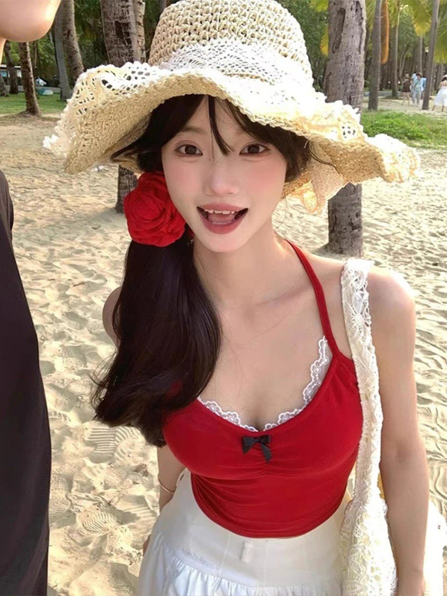 

Red bow hanging neck halter undershirt female summer outside wear 2024 new sexy hot girl short sweet spicy small tops