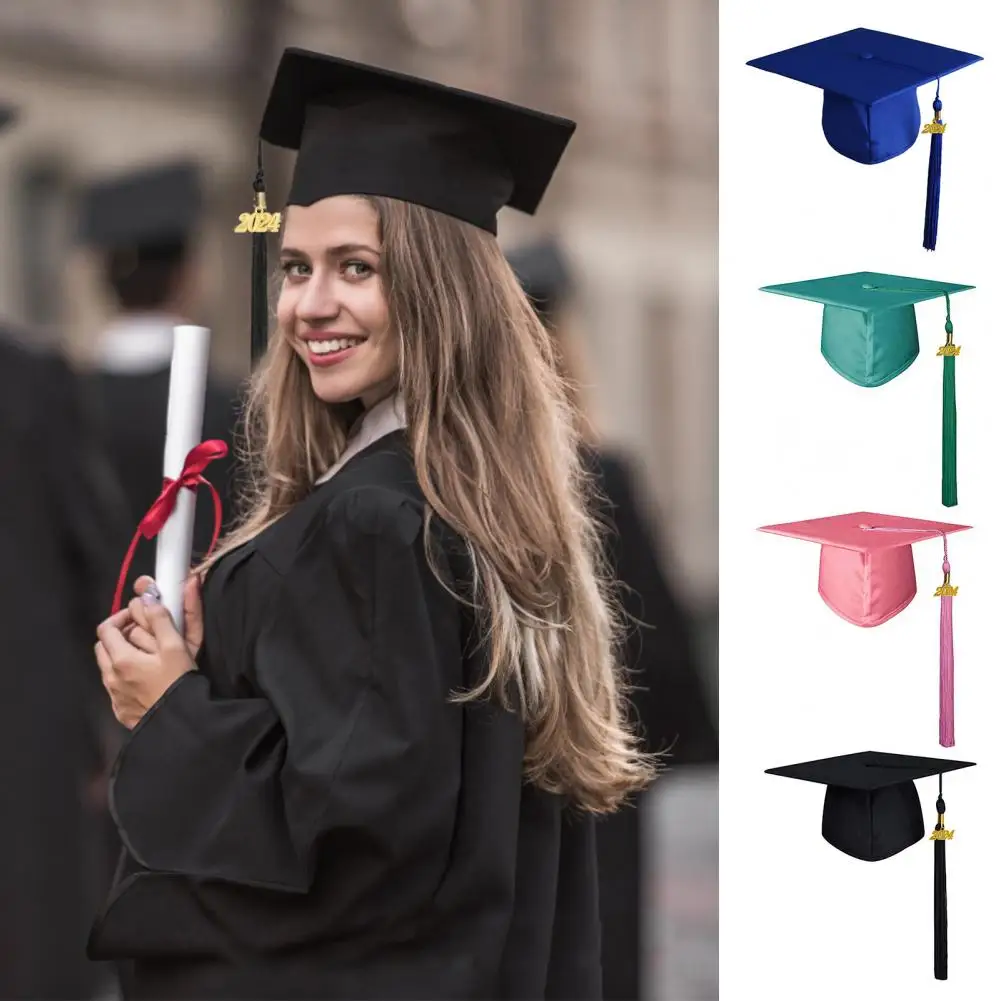 Graduation Hat with Tassel Adult Unisex Solid Color Graduation Bachelor Hat Festive Party Decorations