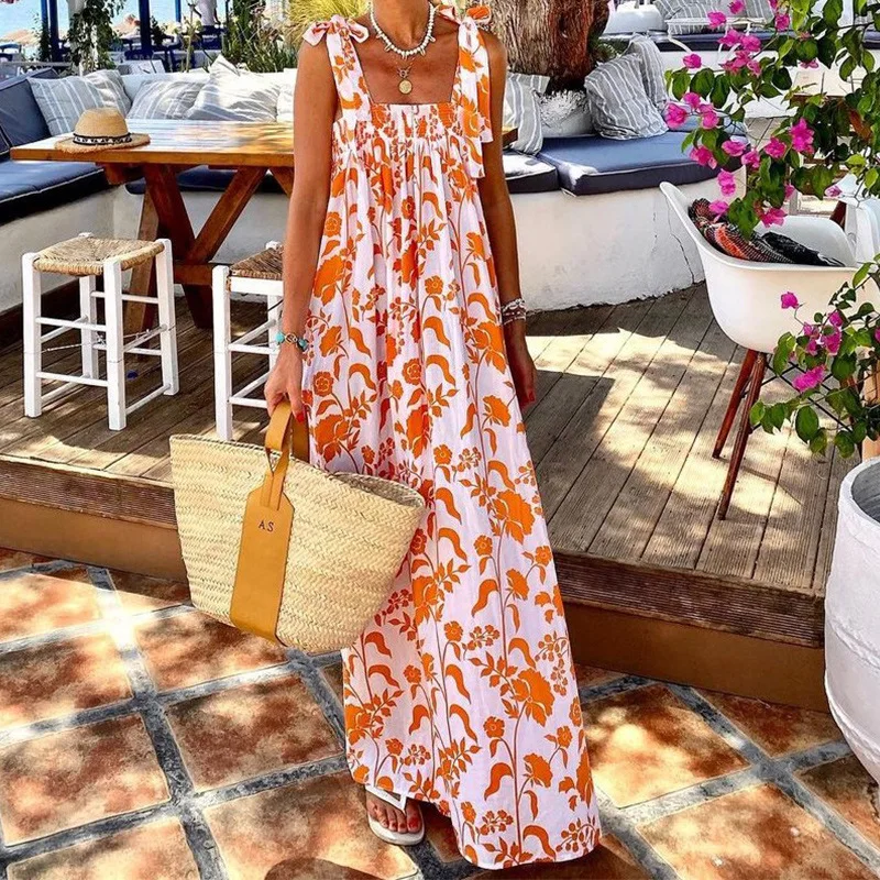 

Wepbel Y2K Summer Beach Dress Women Sleeveless Vacation Style Printed Strap Lace-up Dress Loose Casual Spaghetti Strap Sun Dress