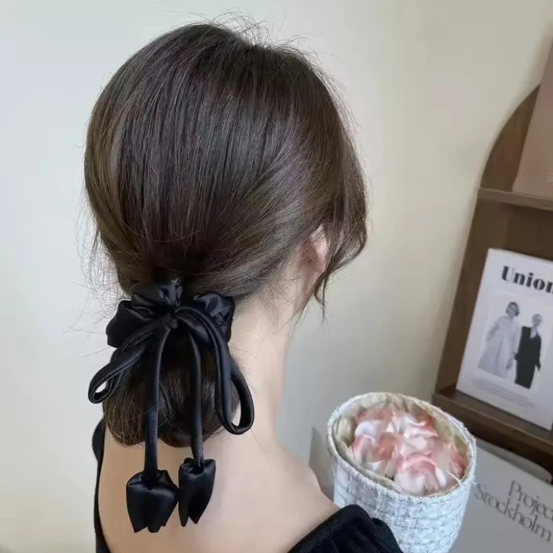 New Sweet Flower Elegant Pink Tulip Hair Rope for Women Fashion Bowknot Flower Tassels Hair Band Accessories