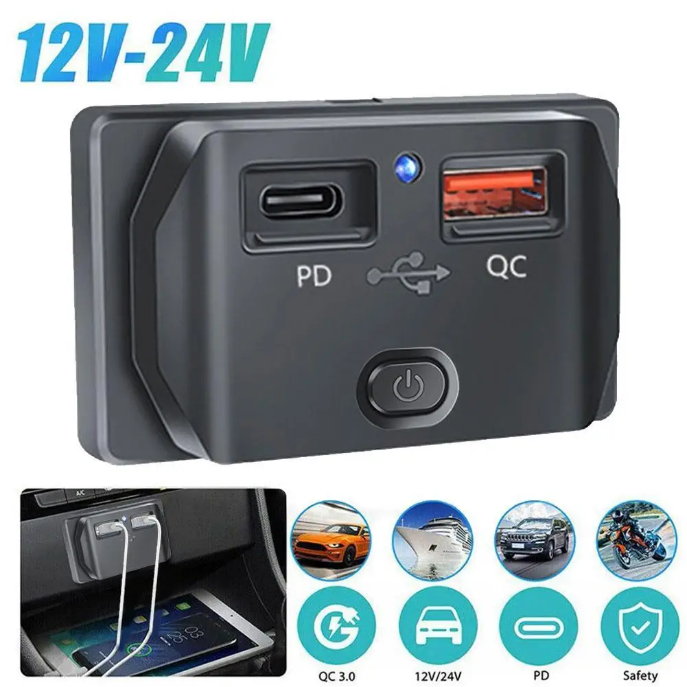 

12V 24V Car USB Phone Charger Socket PD QC3.0 18W USB Outlet Panel Waterproof Fast Charge Power Adapter Outlet For Boat Truck RV