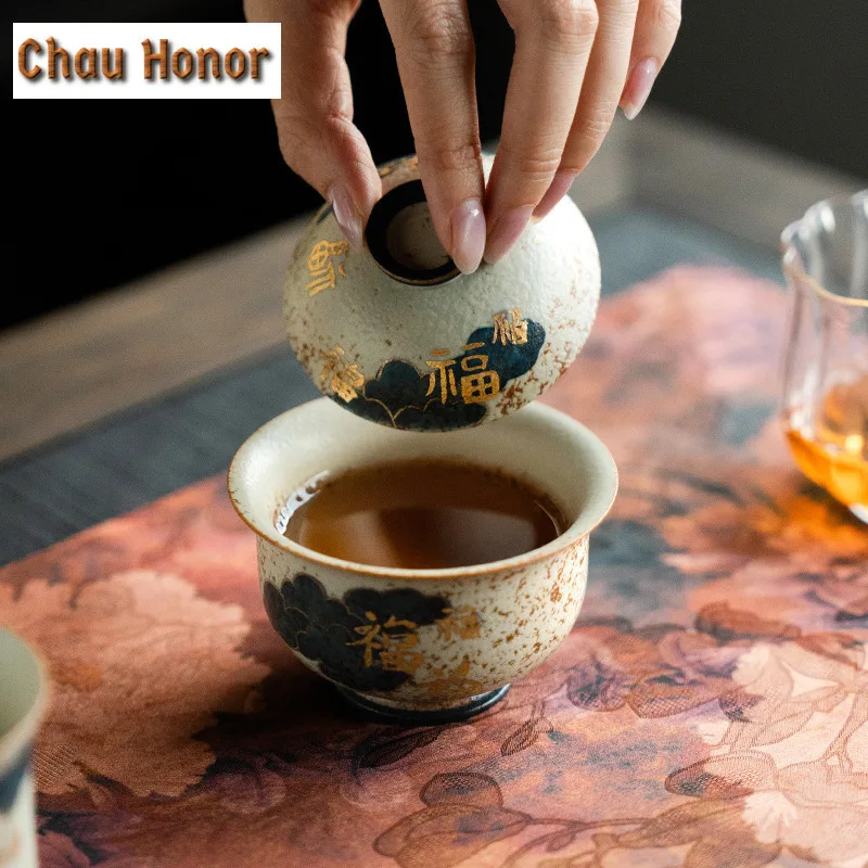 100ml Blue And White Flint Red Gaiwan Handmade Gold Drawing Auspicious Clouds Tea Tureen Tea Making Cover Bowl Cafes Decoration