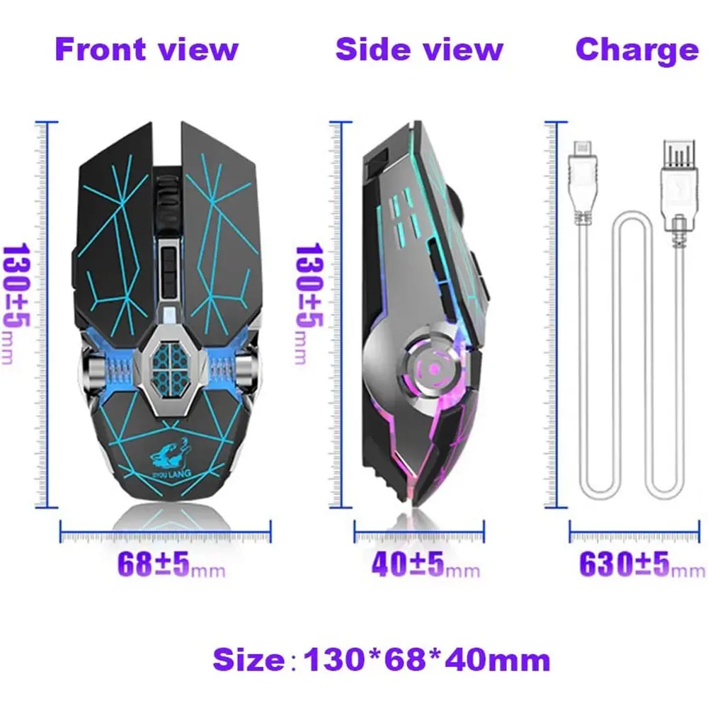 Wireless Gaming Mouse Rechargeable RGB Lights Adjustable DPI