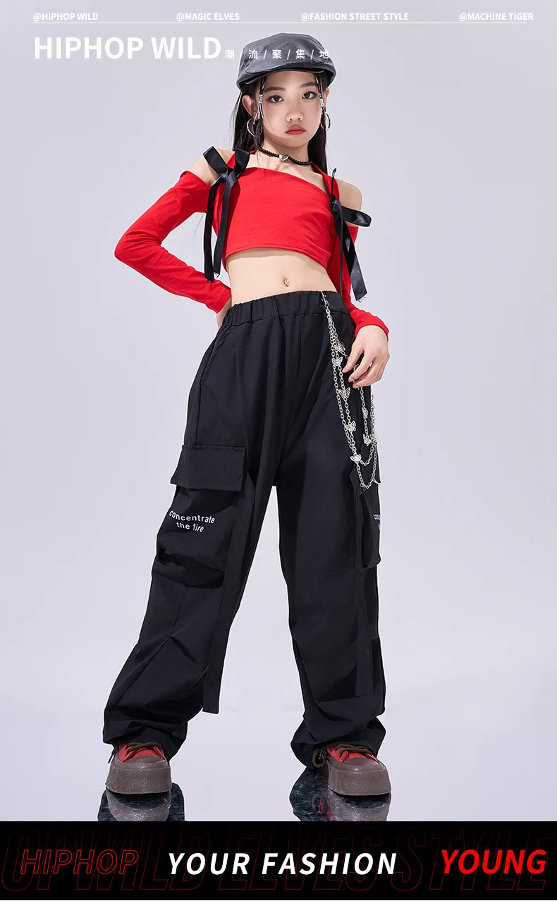 Hip hop girls’ silver vest and blue pants dance outfit for kids' street jazz performance. red 00214
