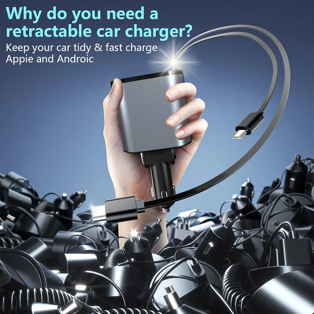 4 in 1 Car Charger 120W Retractable PD Type C Cable Fast Charging Car Cigarette Lighter Adapter For iPhone Samsung Xiaomi Huawei 3