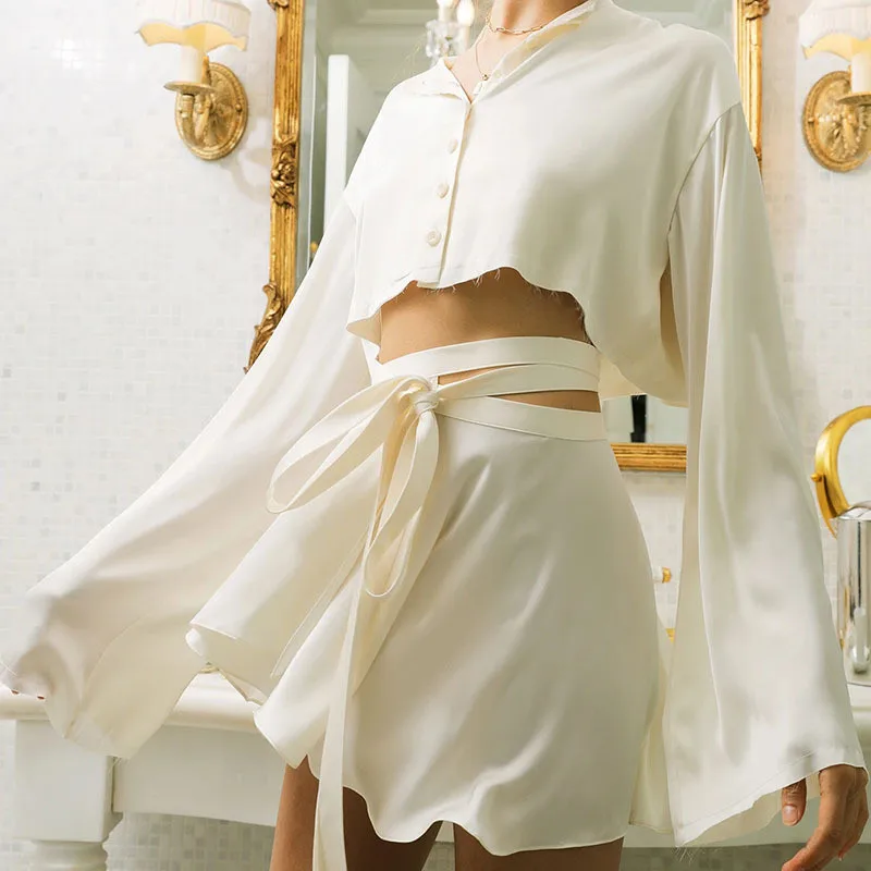 Sexy White Satin Two Piece Set Women Lantern Long Sleeves Crop Tops Cardigan Sexy High Waist Lace Up Mini Tennis Sports Skirts