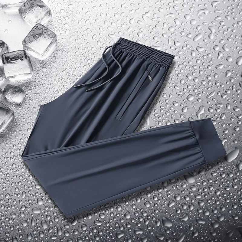 Simple Summer Solid Color Thin Ice Silk Men's Pocket Drawstring Elastic Waist Sports Pants Outdoor Casual Ankle Length Pants