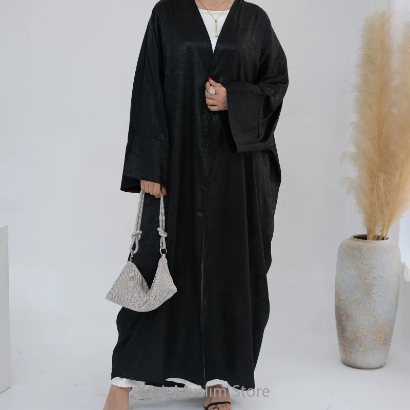 Eid Ramadan Open Kimono Satin Abaya Luxury Batwing Dubai Kaftan Muslim Dress Modest Loose Islam Kebaya For Women Clothing Robe