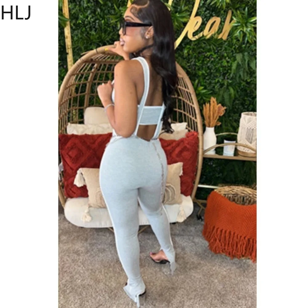 HLJ Fashion Streetwear Women Solid Ribber Sleeveless Backless Tube + Strap Skinny Pants Two Piece Sets Casual Sporty 2pcs Outfit