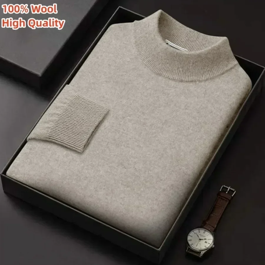 New 2024 Men's Mock Collar 100% Pure Woolen Sweater Tops Autumn Winter Cashmere Sweater Men Pullover Knitted Warm Sweater Male