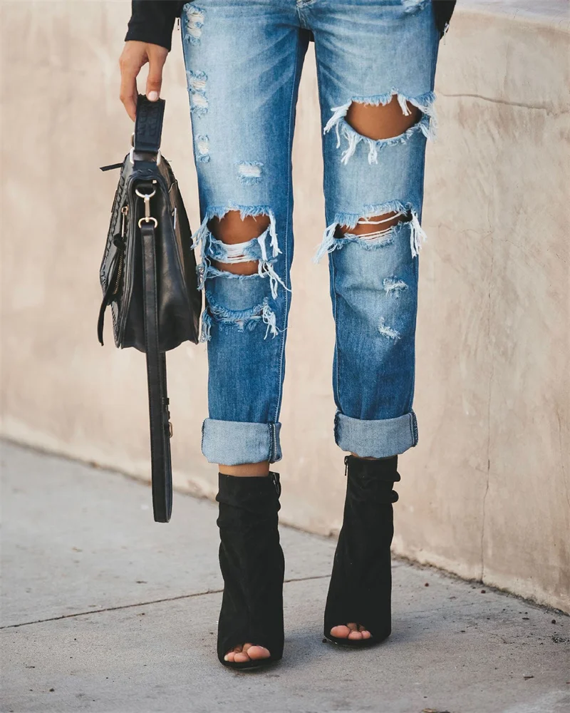 Vintage Blue Jeans Women's Denim Trousers Summer Fashion Broken Holes Street Style Washable Straight Female Cotton Pants Casual