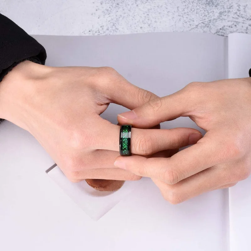 10 Colors 8mm Men's Stainless Steel Celtic Dragon Ring Inlay Red Green Black Carbon Fiber Wedding Band Jewelry Size 6-13