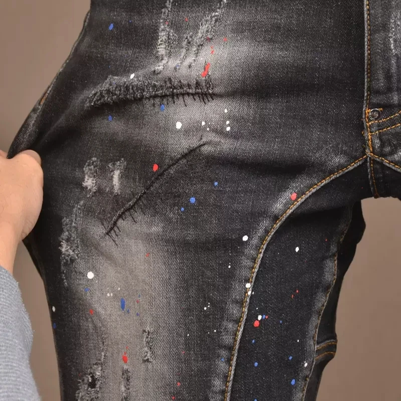 Summer Fashion Streetwear Men Jeans Retro Black Elastic Spliced Ripped Short Jeans Painted Designer Hip Hop Denim Shorts Hombre