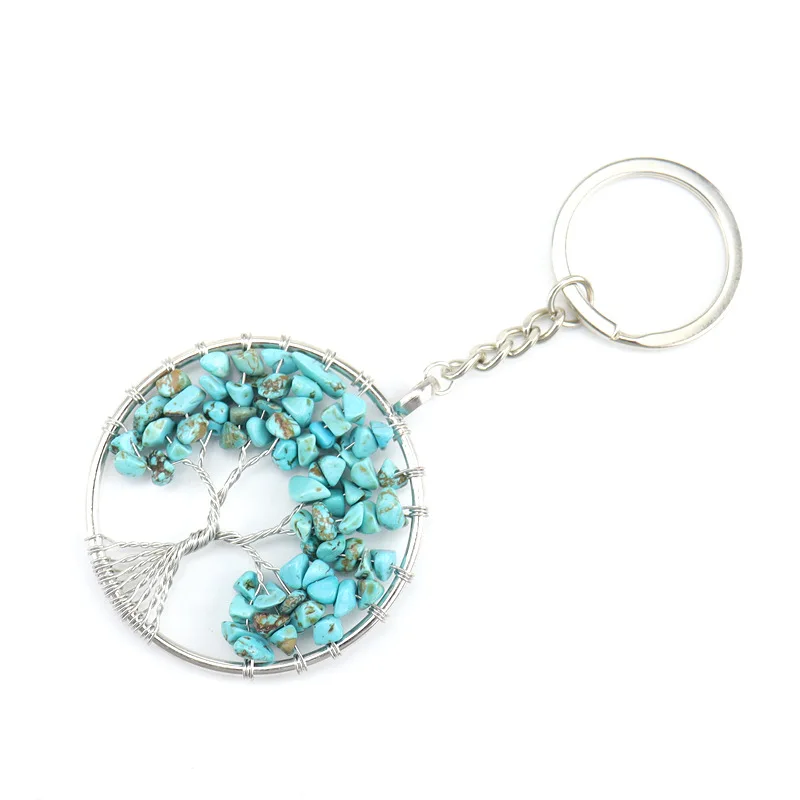 Tree of Life Keyrings Chip beads Natural Stone Crystal Chakra Quartz Keychain Pendant Keyrings Key Ring Bag Acc Jewelry