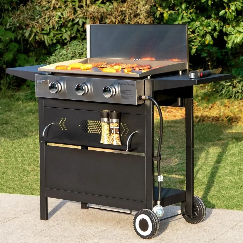 

BBQ Grill Flat Top Gas Griddle Grills With Lid 3-Burner Propane BBQ Grills Outdoor Cooking Station Portable BBQ Grill