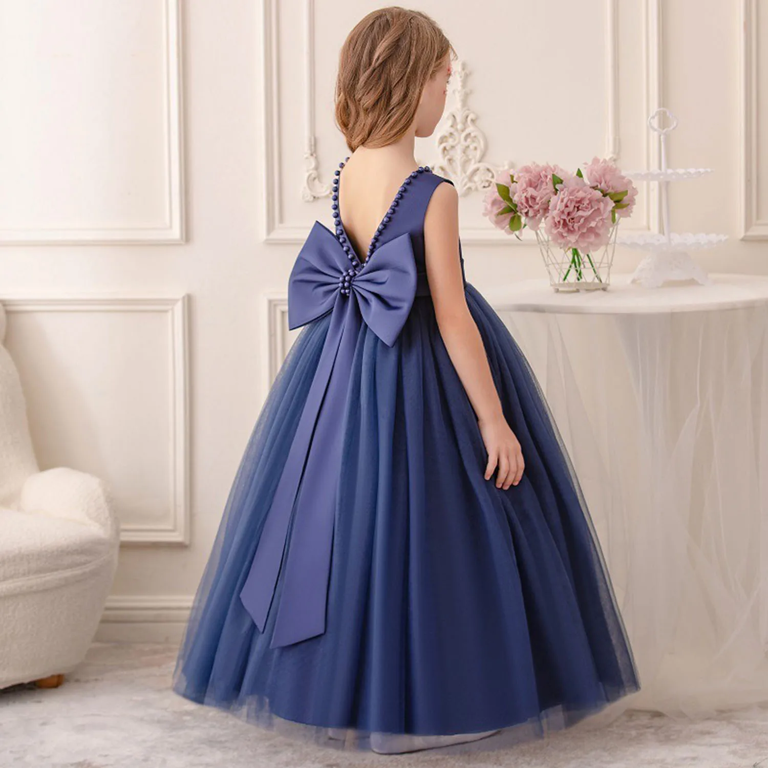 Little/Big Girls Elegant V Backless Big Bowknot Pearls Flower Girl Birthday Party Piano Show Performance Long Dress 4