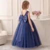 Little/Big Girls Elegant V Backless Big Bowknot Pearls Flower Girl Birthday Party Piano Show Performance Long Dress 4