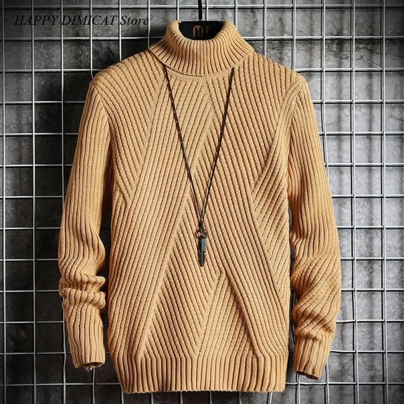 Men Solid Color Irregular Stripes Korean Fashion Sweater Mock Neck Sweater Knit Pullovers Autumn Slim Fit Fashion Clothing