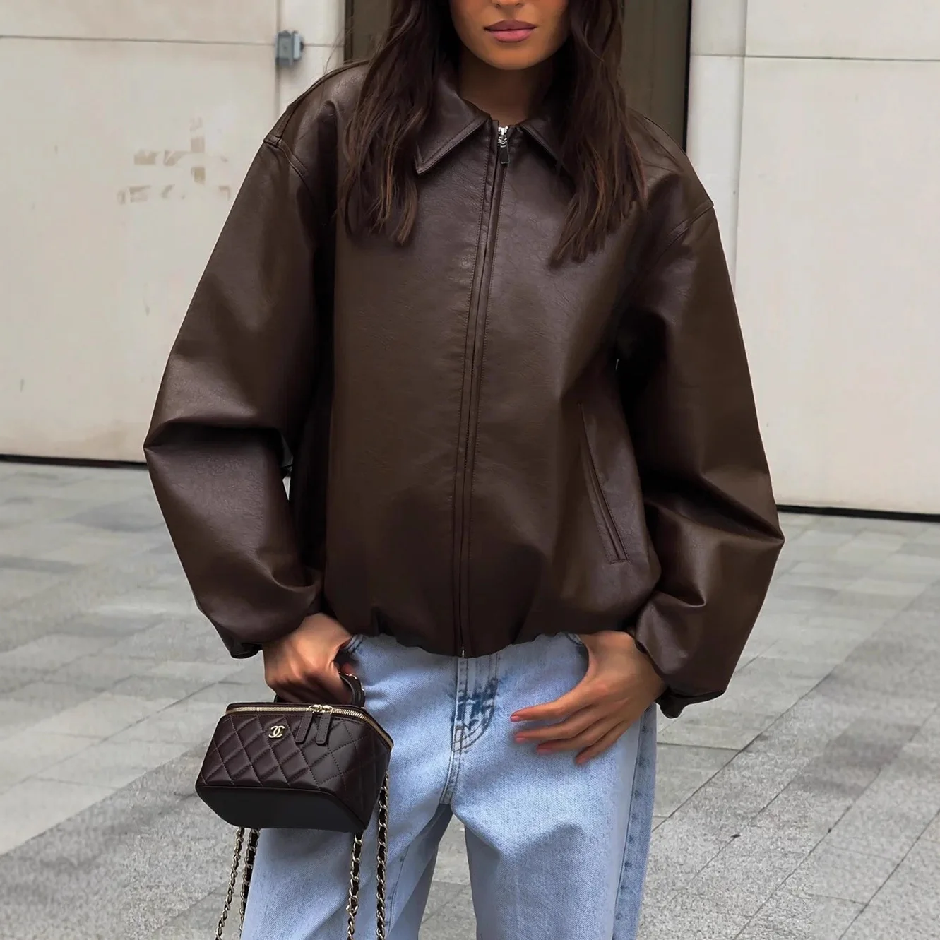 Veste bomber en cuir PU pour femme, à fermeture éclair, col à revers, manches longues, coupe ample, marron, pour l'automne et l'hiver, style streetwear vintage